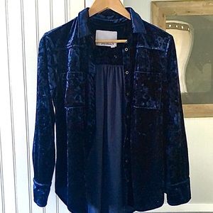 Crushed Velvet Blue Button-Down Top Long Sleeve